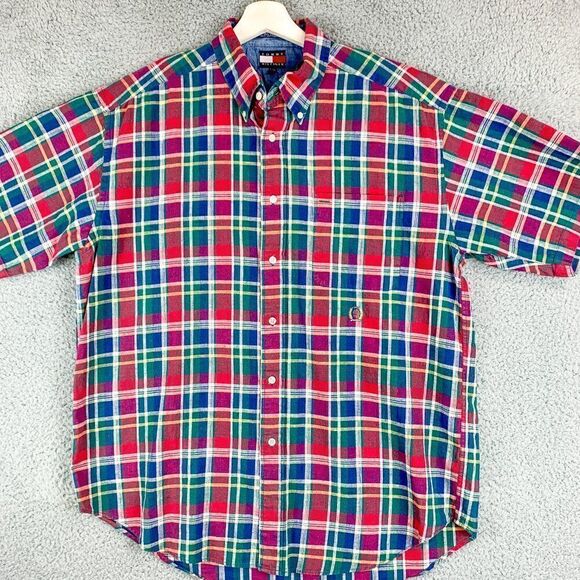 Vintage Tommy Hilfiger Shirt Mens Large Red Plaid Linen Blend Crest 90s Y2K Camp - Picture 1 of 10
